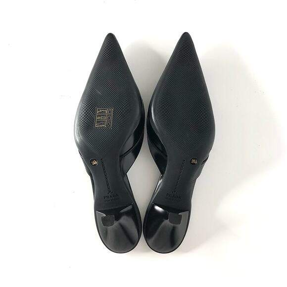 NIB Prada Logo Plaque Black Pointed Toe Kitten Heel Mules Pumps 36.5 - Picture 7 of 10